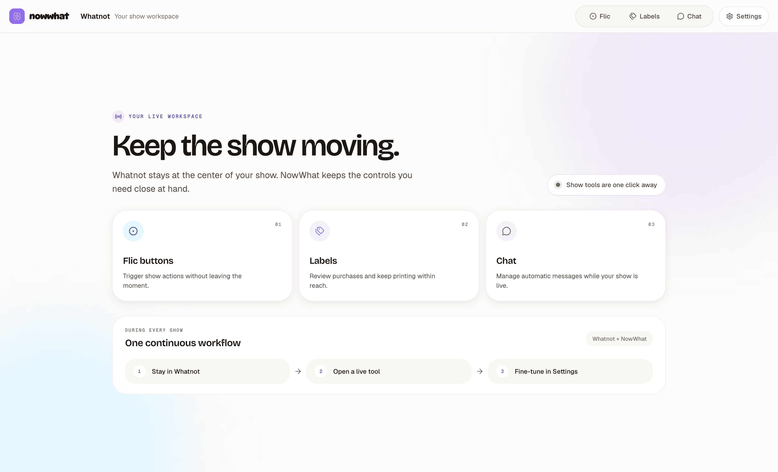 NowWhat workspace showing Keep the show moving